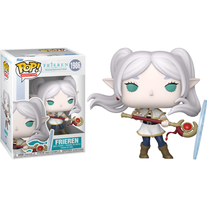 Figura Funko Pop de Frieren sosteniendo un bastón, junto a su caja de embalaje.