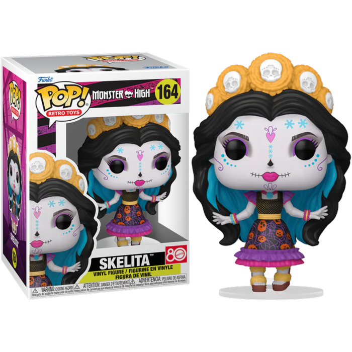 Skelita Calaveras Funko Pop Figur mit Verpackung, schwarz-bunter Kleidung und gelbem Totenkopf-Haarschmuck.