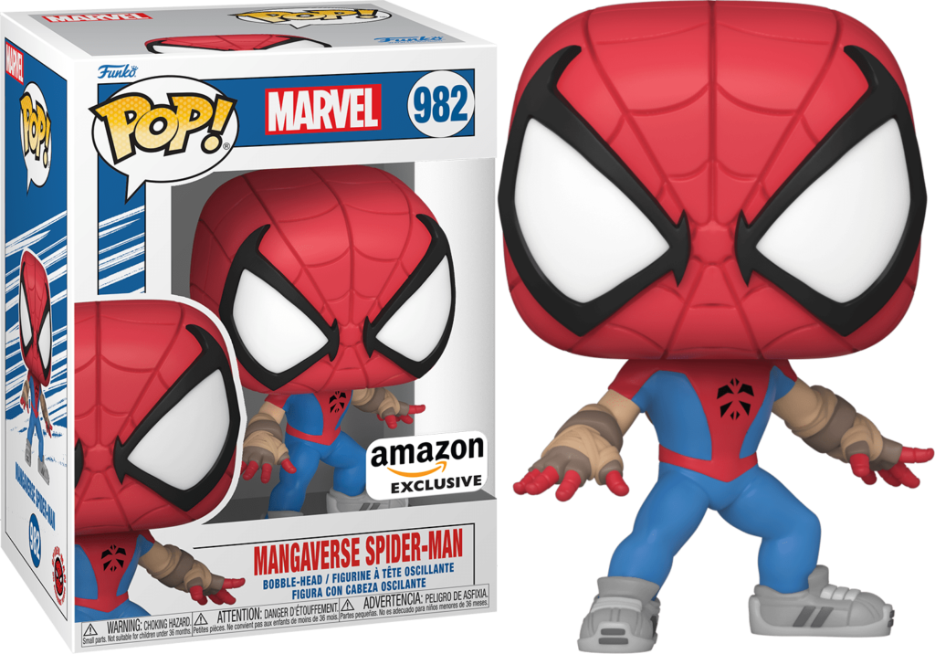 Figura Funko Pop Mangaverse Spider-Man con caja, traje rojo y azul, grandes ojos blancos y vendas en brazos.