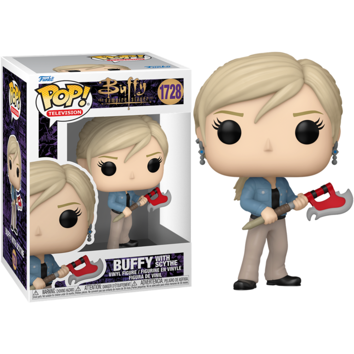 Figura de vinilo Funko Pop de Buffy Cazavampiros con una guadaña, junto a su caja.