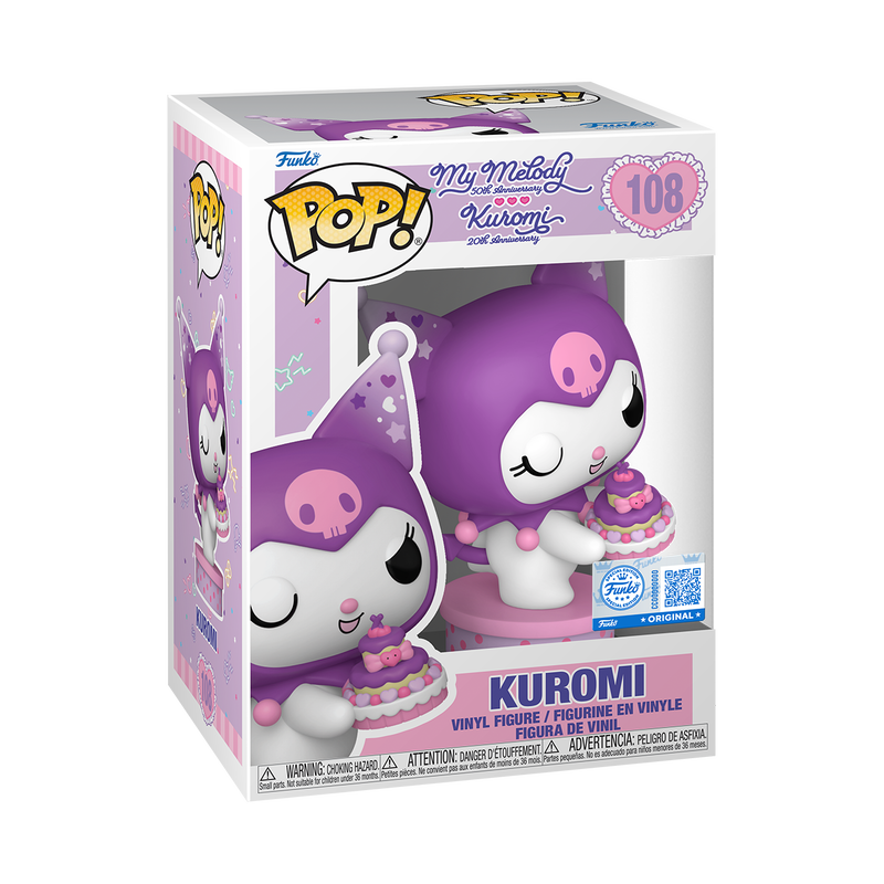 Figura de vinilo Kuromi Funko Pop dentro de una caja de coleccionista blanca y rosa con un pastel.