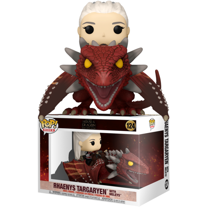 Figura in vinile di Rhaenys Targaryen con Meleys su confezione Pop! Rides su sfondo nero.
