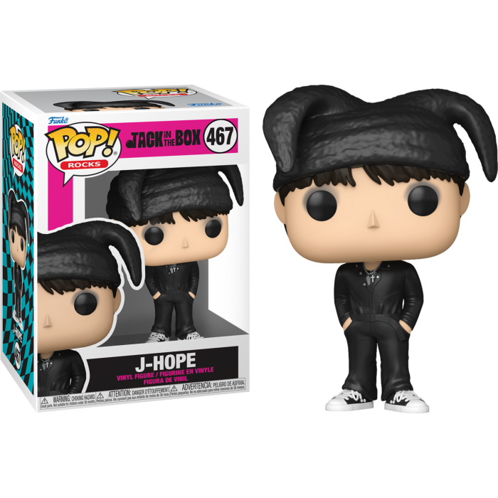 J-Hope Pop! Rocks Vinyl-Sammelfigur mit Box in schwarz-weißer Kleidung.