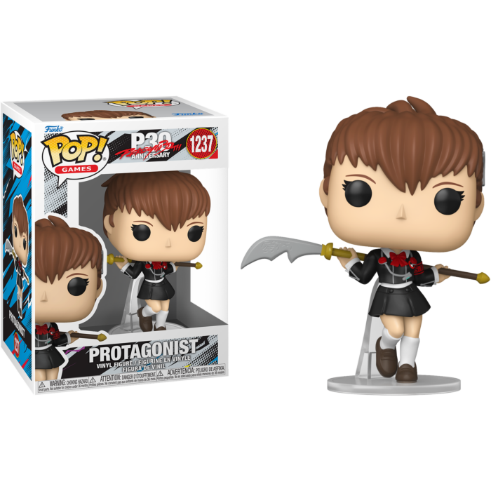 Una figura Funko Pop de Persona 3 Protagonist con un arma, junto a su caja.