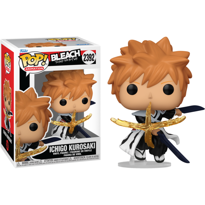 Figura de vinilo Funko Pop de Ichigo Kurosaki con espada dorada y caja a juego sobre fondo negro.