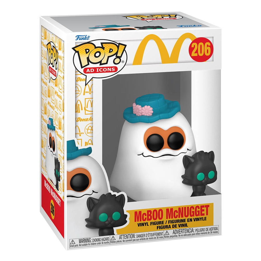 Figura Funko Pop McBoo McNugget en caja con sombrero azul y gato negro.