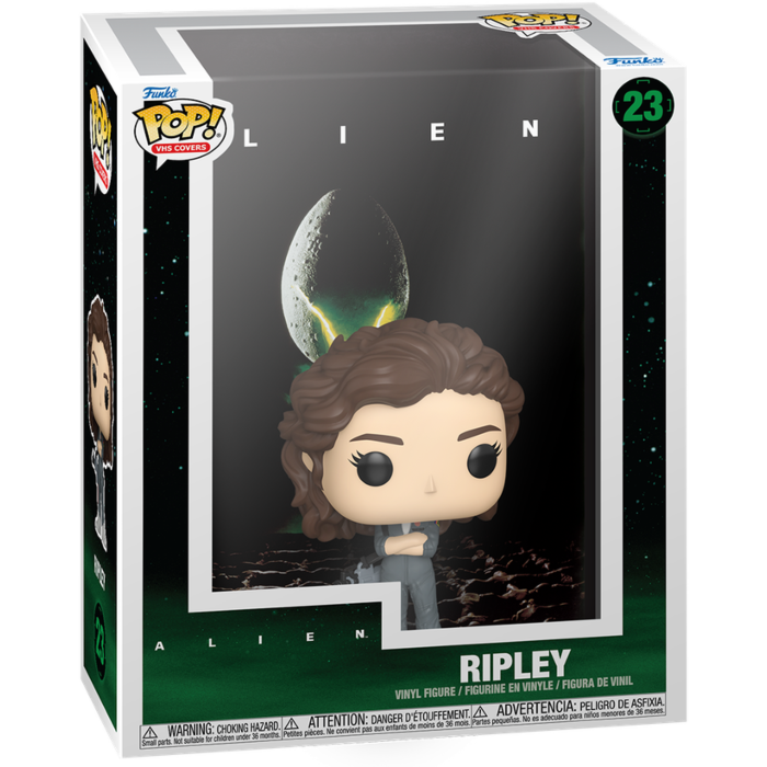 Figura de vinilo Funko Pop de Ripley de Alien en caja VHS con fondo de huevo.