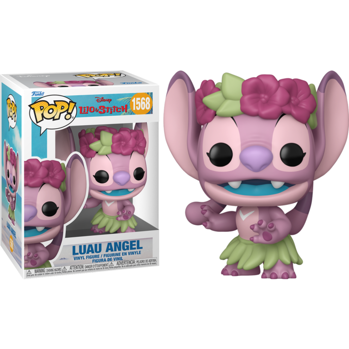 Figurka winylowa Luau Angel Funko Pop w wianku z kwiatów i zielonej spódnici obok opakowania.