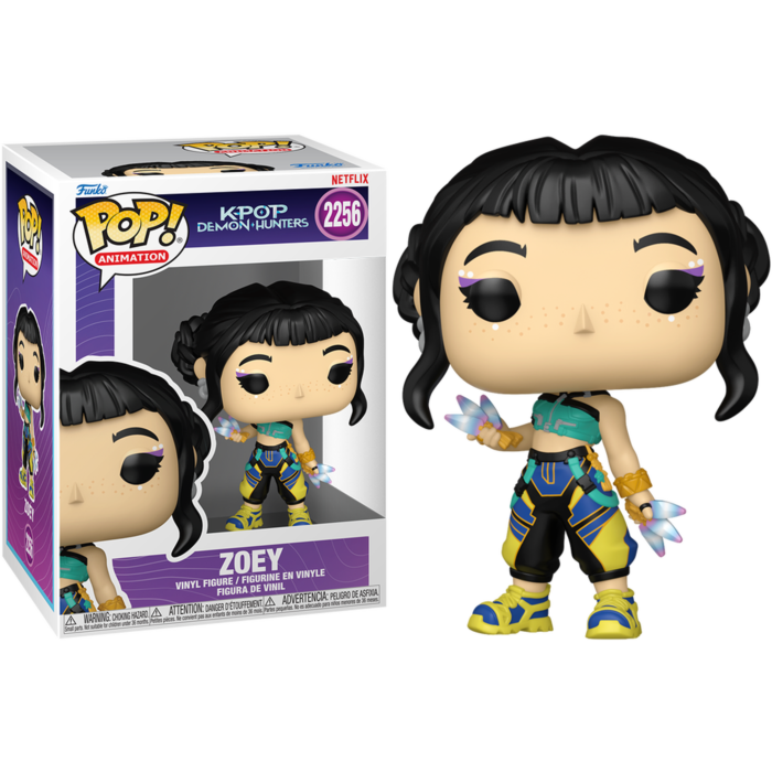Winylowa figurka Zoey Pop Animation z czarnymi włosami, fioletowym makijażem oczu i niebiesko-żółtym strojem obok pudełka.