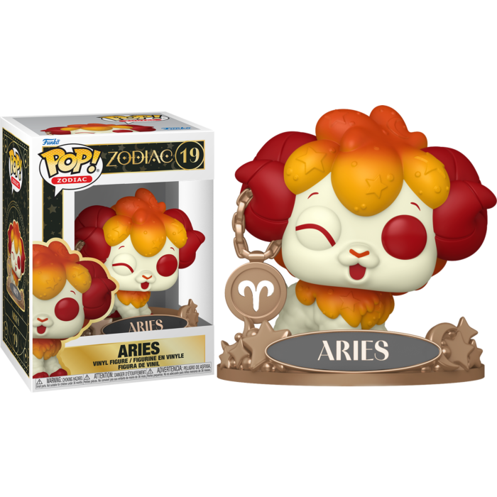 Funko Pop Zodiac Widder Vinyl-Figur mit Schachtel im Widder-Design, roten Hörnern und goldenen Details.