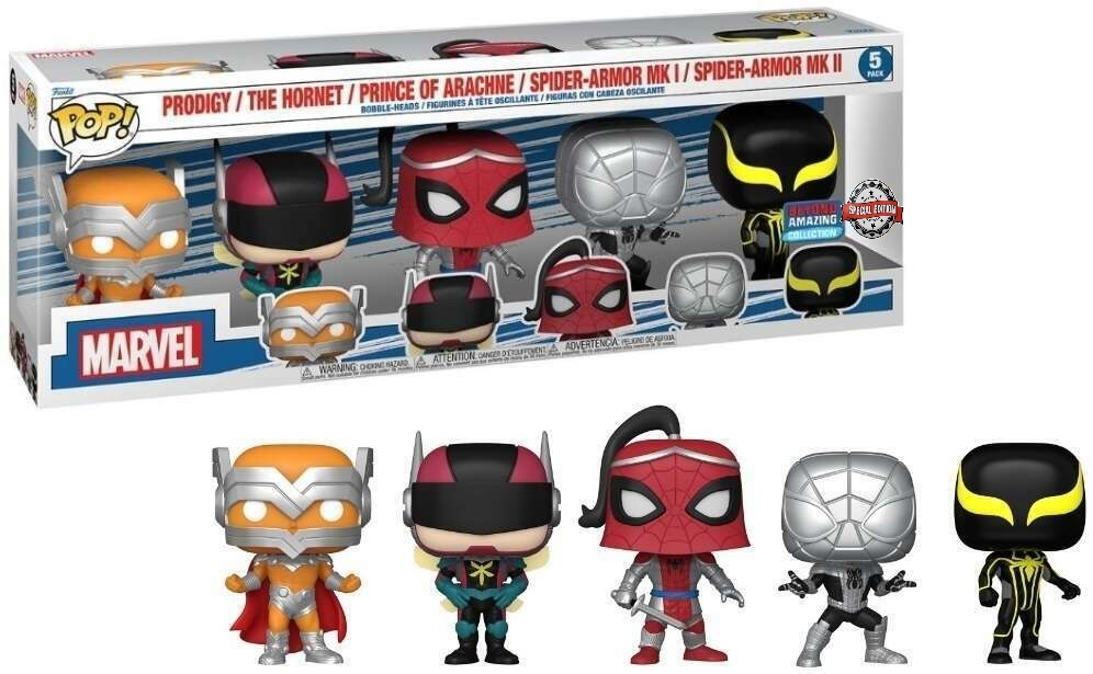 Un pack de 5 figurines en vinyle Funko Pop Marvel, incluant Prodigy, The Hornet, Prince of Arachne et Spider-Armor MK I et II.