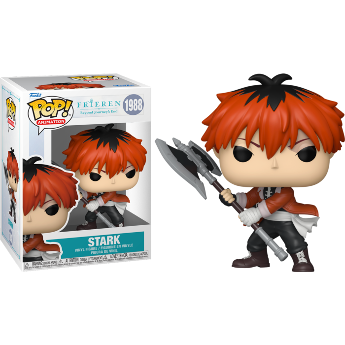 Funko Pop Figur von Stark aus Frieren mit großer Axt, neben seiner bunten Verpackung abgebildet.