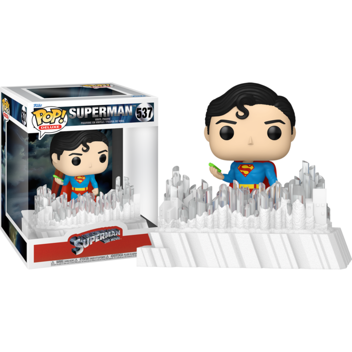 Figura Funko Pop de Superman con base de fortaleza de cristal y su caja.