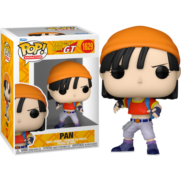 Figurine vinyle Funko Pop de Pan avec bonnet orange, haut rouge et pantalon blanc près de sa boîte.