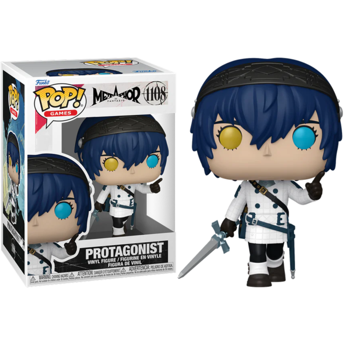 Figura Funko Pop de Protagonista con pelo azul, espada y traje blanco junto a su caja.