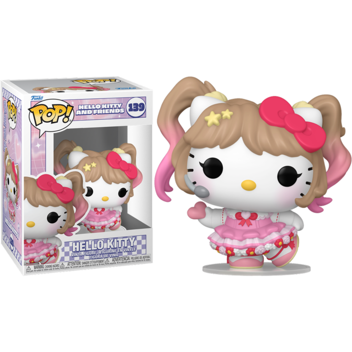 Figura de vinilo Hello Kitty Pop! con vestido rosa, coletas y caja sobre fondo negro.