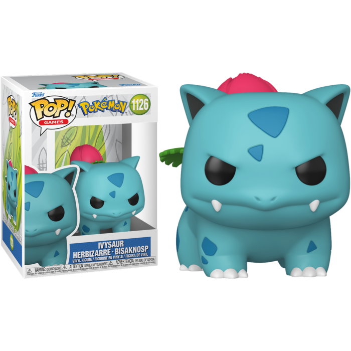 Una figura Funko Pop de Ivysaur de color azul turquesa se encuentra junto a su embalaje.