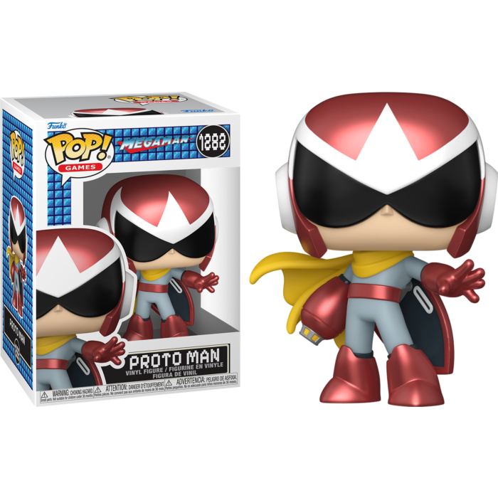 Proto Man Pop! Vinyl-Figur in Box mit rotem Helm.