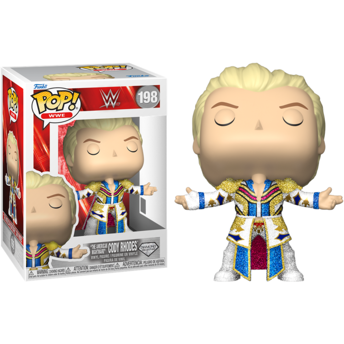 Figura de vinilo Funko Pop de Cody Rhodes con traje brillante, junto a su caja sobre fondo negro.