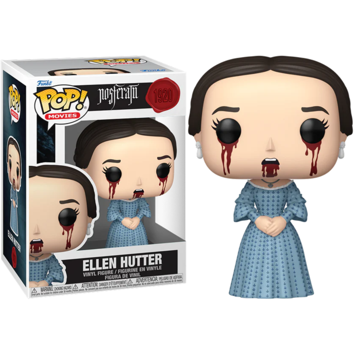 Figura Funko Pop de Ellen Hutter de Nosferatu con ojos y boca ensangrentados, junto a su caja.