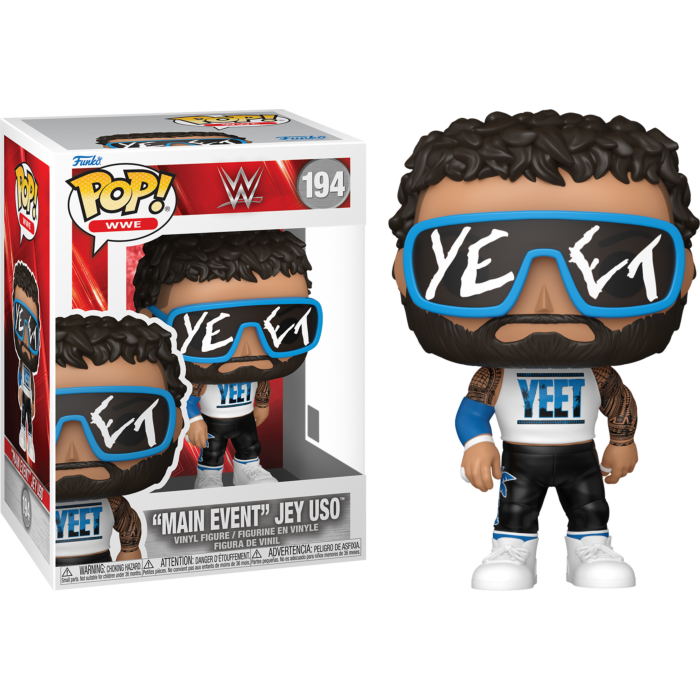 WWE Main Event Jey Uso Funko Pop Vinylfigur mit Brille und Yeet-Shirt.