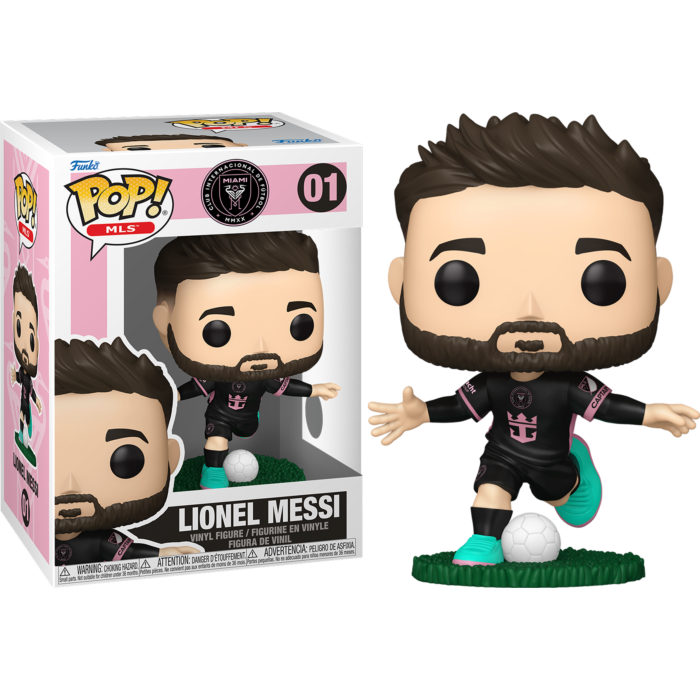 Figura de vinilo Pop! de Lionel Messi con equipacion negra chutando un balon junto a su caja.
