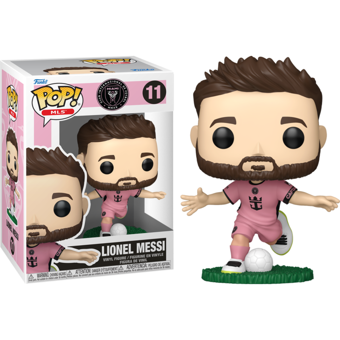 Una figura de vinilo Funko Pop de Lionel Messi con equipación rosa, balón y caja.