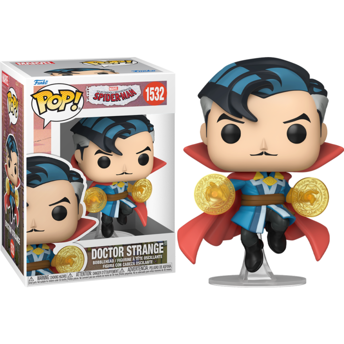 Figura Funko Pop di Doctor Strange con capelli blu e grigi, mantello rosso e dischi magici luminosi accanto alla confezione.