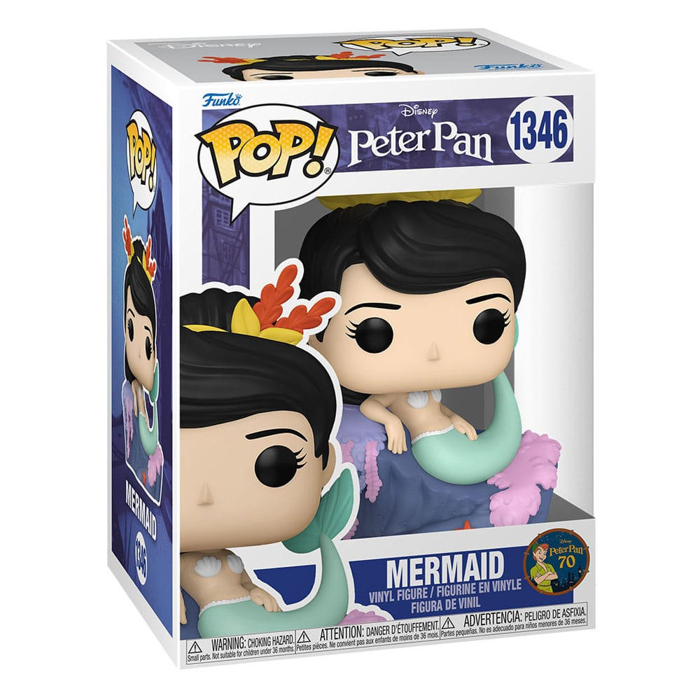 Figurine Funko Pop Sirène de Peter Pan en boîte, avec cheveux noirs, coquillages et queue turquoise.