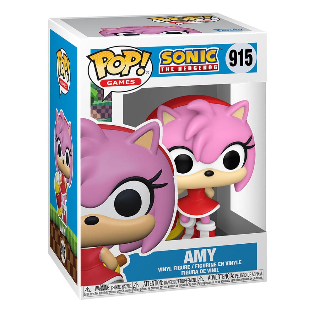 Amy Rose Funko Pop Vinylfigur in ungeöffneter Verpackung mit Sonic the Hedgehog Branding.