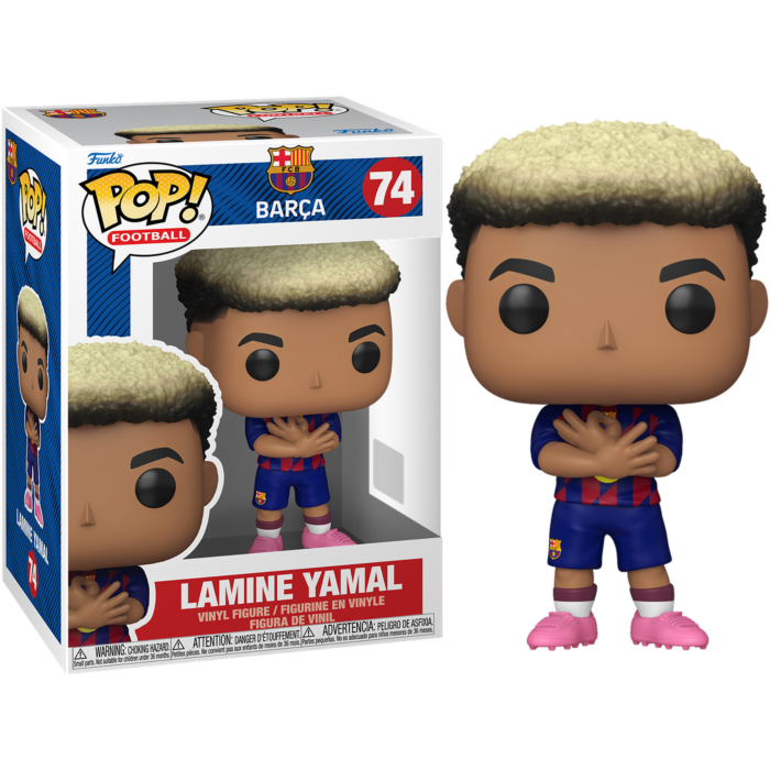 Figura Funko Pop de Lamine Yamal con equipación del Barça, pelo rubio rizado y botas rosas, junto a su caja.