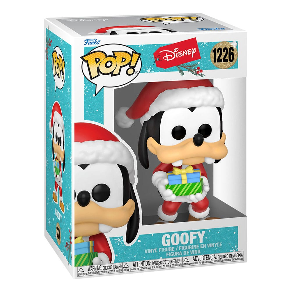 Figura in vinile Funko Pop di Goofy natalizio in scatola blu con regalo.
