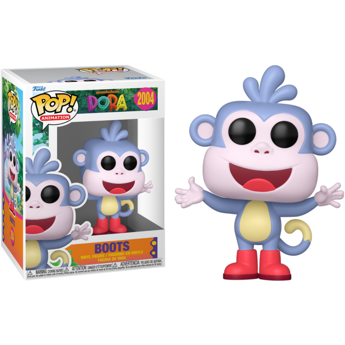 Una figura de vinilo Pop Animation de Boots el mono de Dora con su caja de embalaje.