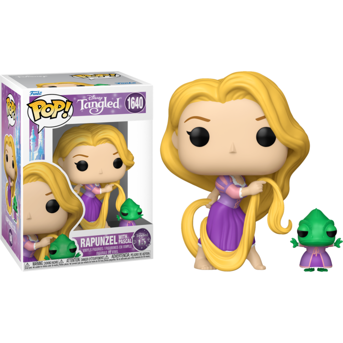 Figura Funko Pop de Rapunzel con largo pelo rubio y un pequeño camaleón verde junto a su caja colorida.