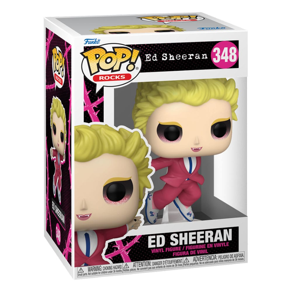 Funko Pop Rocks Ed Sheeran Vinyl-Figur in Box, Nummer 348, mit blonden Haaren, pinkem Anzug und Vampirzähnen.