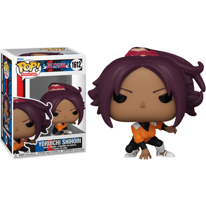 Figurka Funko Pop Yoruichi Shihoin obok pudełka, w pomarańczowo-czarnym ubraniu.