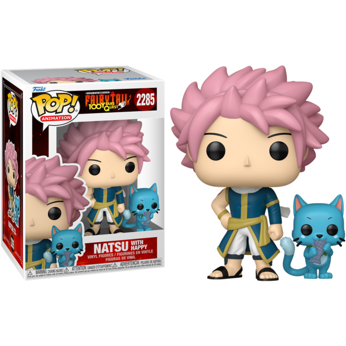 Figuras de vinilo Funko Pop! de Natsu y Happy junto a su caja colorida.