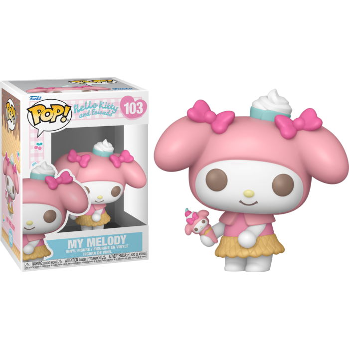 Figura de vinilo Funko Pop de My Melody sosteniendo un helado junto a su caja sobre fondo negro.