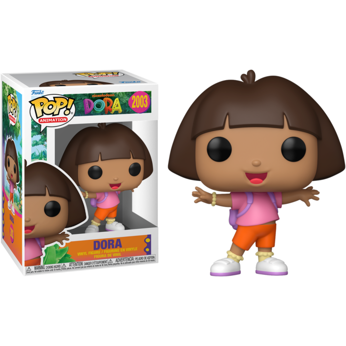 Figura de vinilo Pop! de Dora la Exploradora en su caja original, con camisa rosa y pantalones cortos naranjas.
