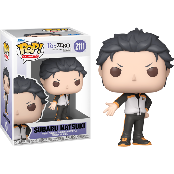 Funko Pop Figur von Subaru Natsuki aus Re:Zero neben seiner Verpackung auf schwarzem Hintergrund.