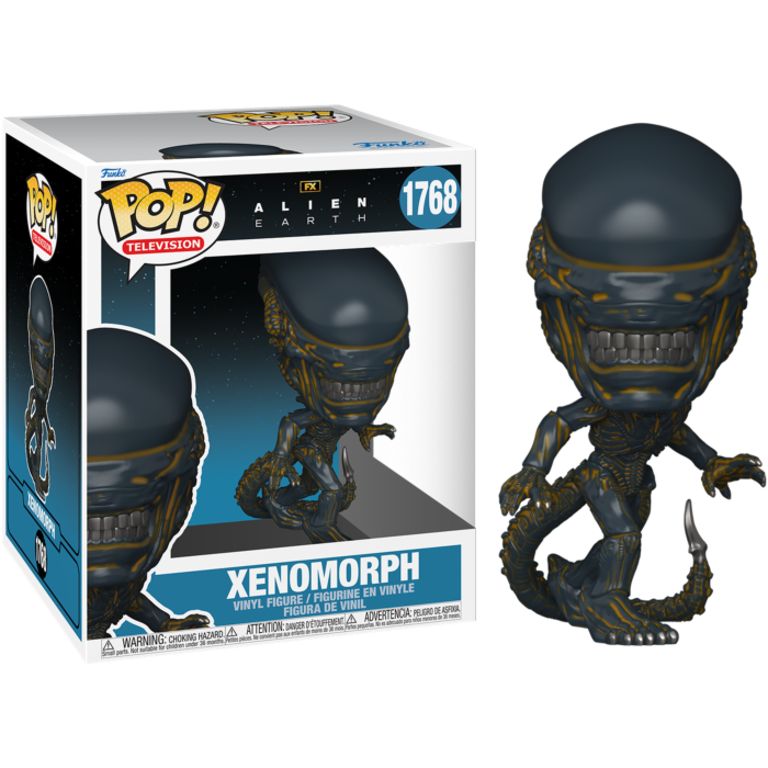 Figura de vinilo Funko Pop Xenomorph junto a su caja, azul oscuro con detalles amarillos.