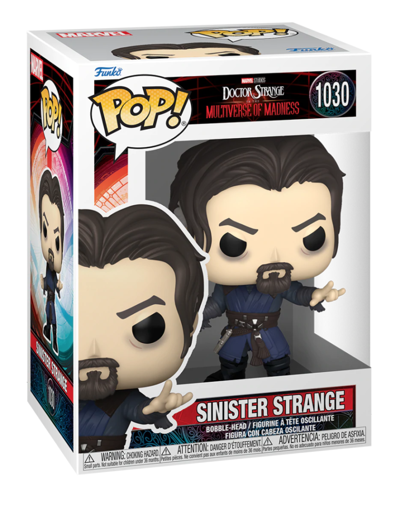 Action figure Funko Pop di Sinister Strange da Doctor Strange nel Multiverso della Follia in scatola.