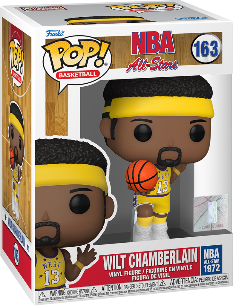 Figura de vinilo Funko Pop de Wilt Chamberlain en caja, sosteniendo un balón y con camiseta amarilla.