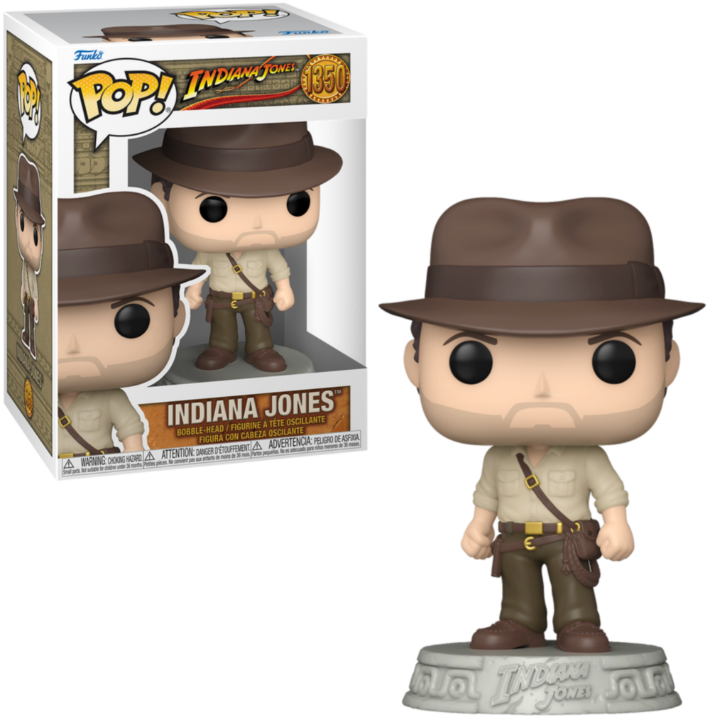 Indiana Jones Funko Pop Vinylfigur neben der Box mit Abenteuerkleidung, Fedora und Peitsche.