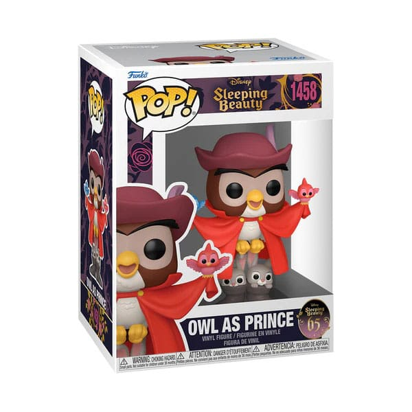 Figura de vinilo Funko Pop de Búho como Príncipe de La Bella Durmiente con capa roja.