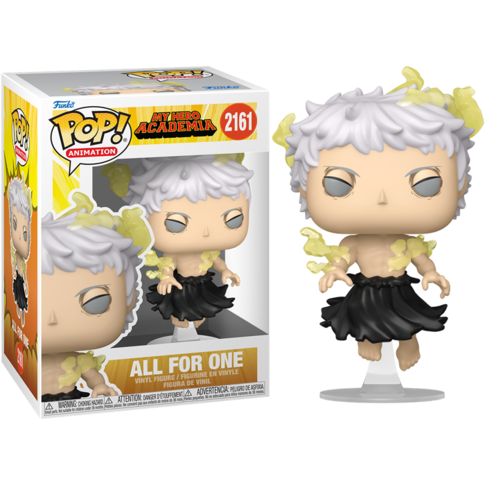 Figura Funko Pop All For One con pelo blanco y falda negra, al lado de su caja de embalaje.