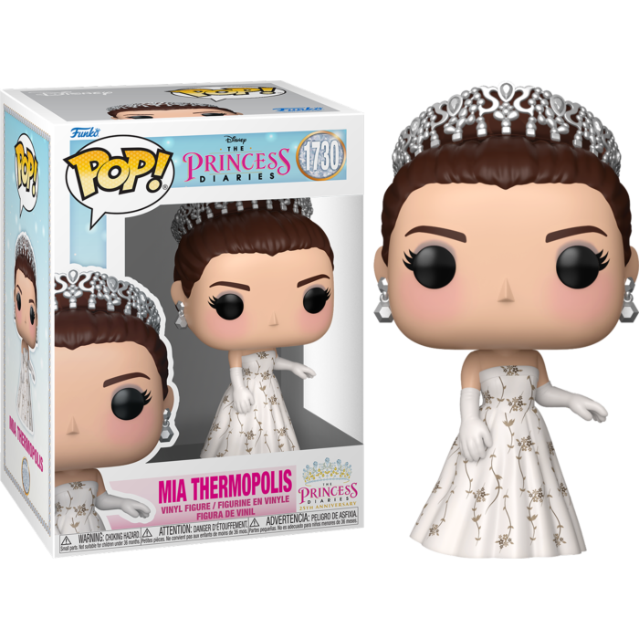 Figura Funko Pop de Mia Thermopolis con vestido blanco y tiara, junto a su caja.