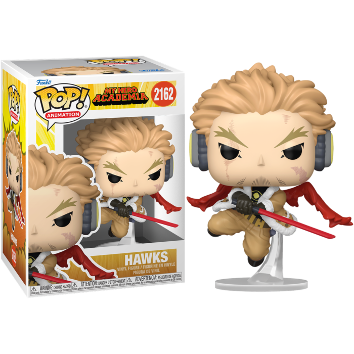 Figura Funko Pop! de Hawks de My Hero Academia con una espada roja y su caja sobre fondo negro.