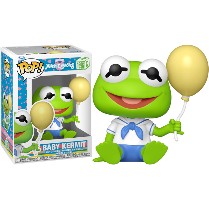 Una figura Funko Pop de Baby Kermit con ropa de marinero sosteniendo un globo amarillo, junto a su caja.