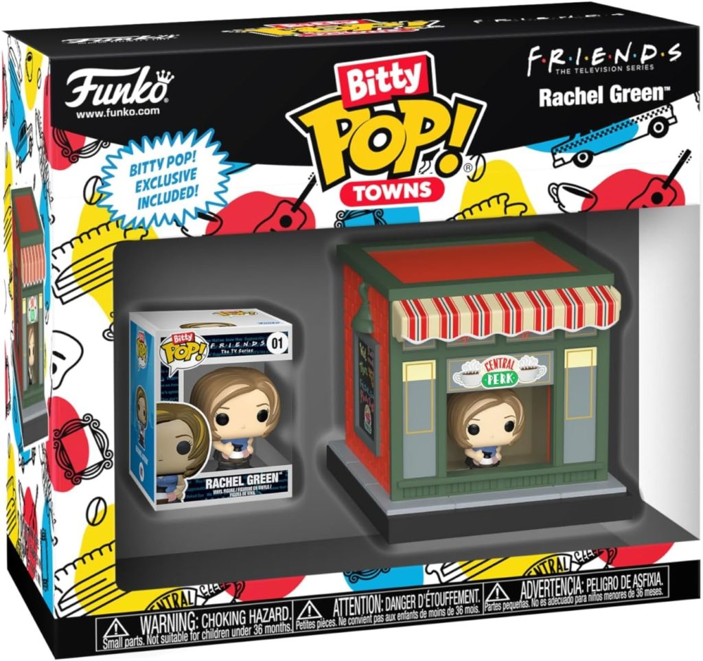 Zestaw Funko Bitty Pop Town z figurką Rachel Green i budynkiem Central Perk w kolorowym pudełku.